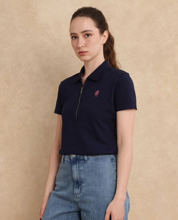 Rareism Women Laken Navy Cotton Lycra Fabric Short Sleeve Polo Collar Zipper Closure Plain Polo