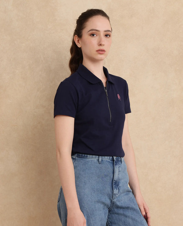 Rareism Women Laken Navy Cotton Lycra Fabric Short Sleeve Polo Collar Zipper Closure Plain Polo