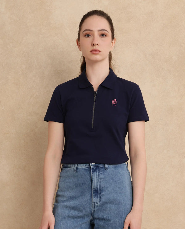 Rareism Women Laken Navy Cotton Lycra Fabric Short Sleeve Polo Collar Zipper Closure Plain Polo
