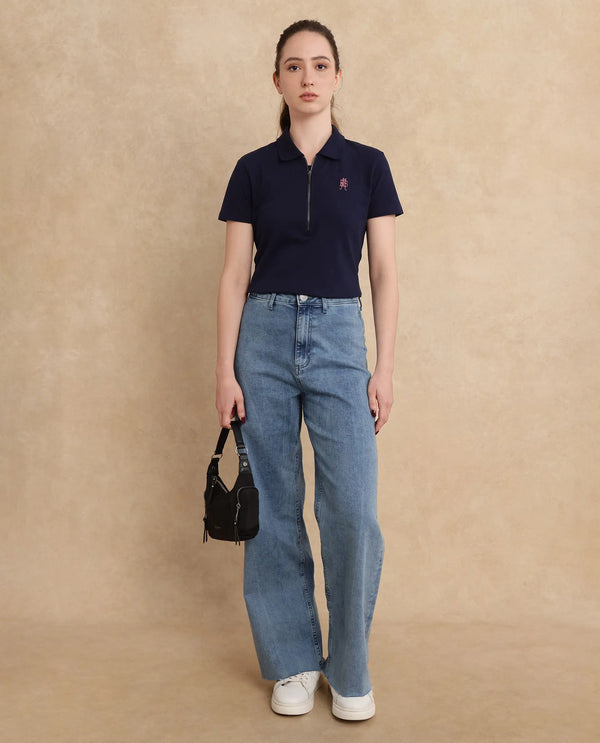 Rareism Women Laken Navy Cotton Lycra Fabric Short Sleeve Polo Collar Zipper Closure Plain Polo