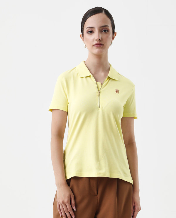 Rareism Women Laken Pastel Green Cotton Lycra Fabric Short Sleeve Polo Collar Zipper Closure Plain Polo