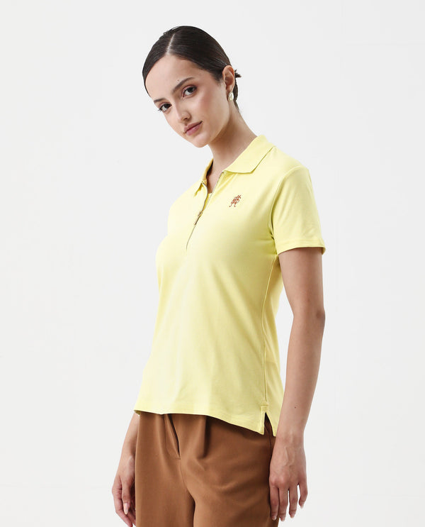 Rareism Women Laken Pastel Green Cotton Lycra Fabric Short Sleeve Polo Collar Zipper Closure Plain Polo
