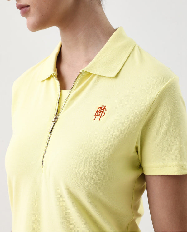 Rareism Women Laken Pastel Green Cotton Lycra Fabric Short Sleeve Polo Collar Zipper Closure Plain Polo