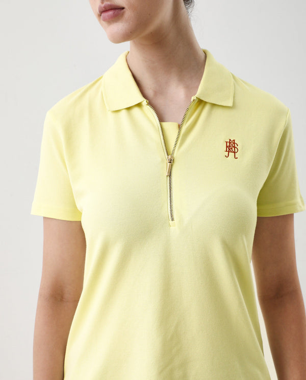 Rareism Women Laken Pastel Green Cotton Lycra Fabric Short Sleeve Polo Collar Zipper Closure Plain Polo