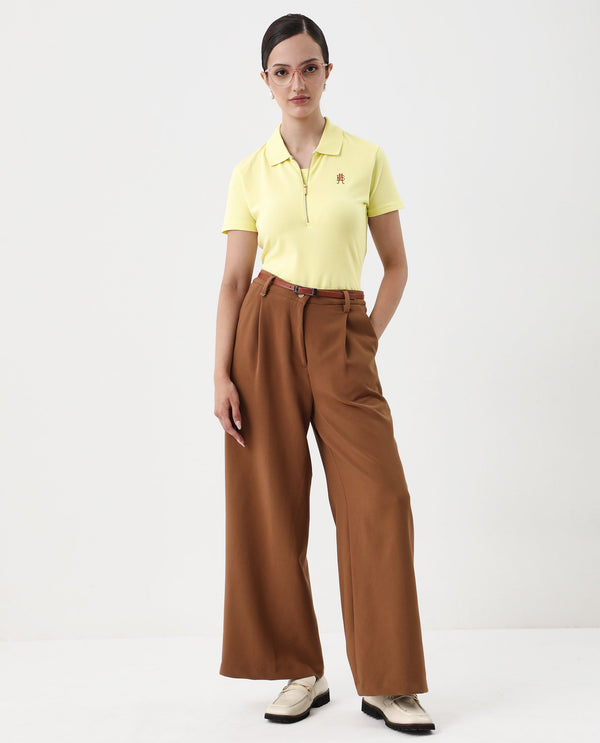 Rareism Women Laken Pastel Green Cotton Lycra Fabric Short Sleeve Polo Collar Zipper Closure Plain Polo