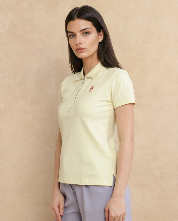 Rareism Women Laken Pastel Green Cotton Lycra Fabric Short Sleeve Polo Collar Zipper Closure Plain Polo
