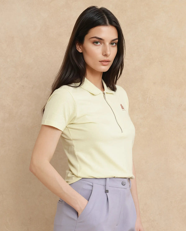 Rareism Women Laken Pastel Green Cotton Lycra Fabric Short Sleeve Polo Collar Zipper Closure Plain Polo