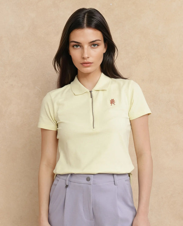 Rareism Women Laken Pastel Green Cotton Lycra Fabric Short Sleeve Polo Collar Zipper Closure Plain Polo