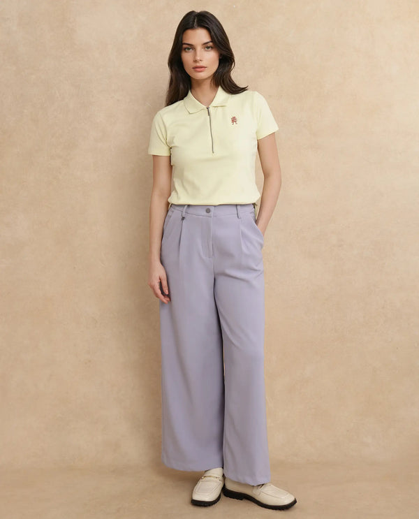 Rareism Women Laken Pastel Green Cotton Lycra Fabric Short Sleeve Polo Collar Zipper Closure Plain Polo