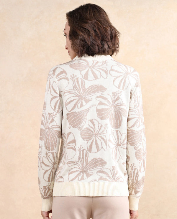 Rareism Women Lakent Beige Relaxed Fit Jacquard Sweater