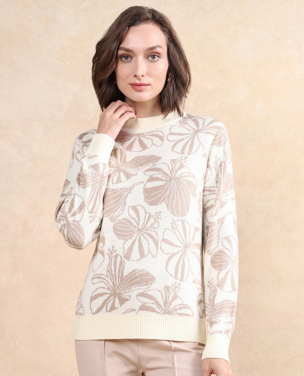 Rareism Women Lakent Beige Relaxed Fit Jacquard Sweater
