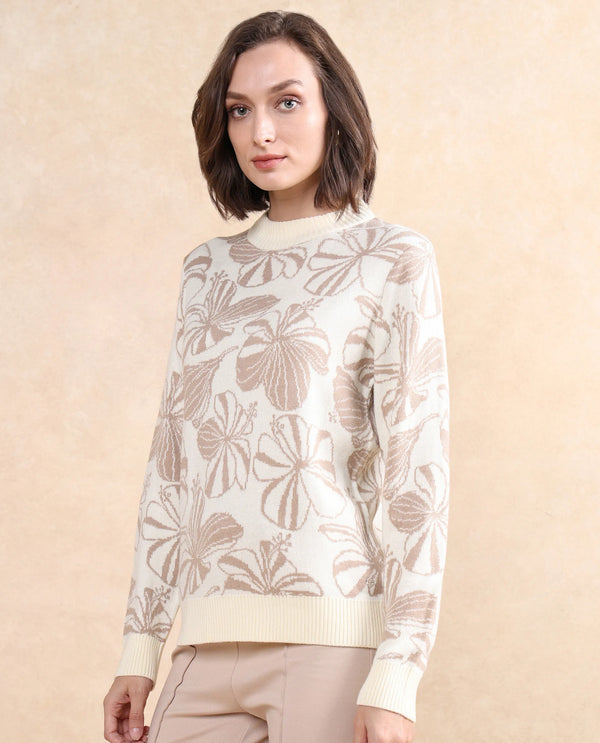 Rareism Women Lakent Beige Relaxed Fit Jacquard Sweater