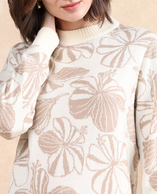 Rareism Women Lakent Beige Relaxed Fit Jacquard Sweater