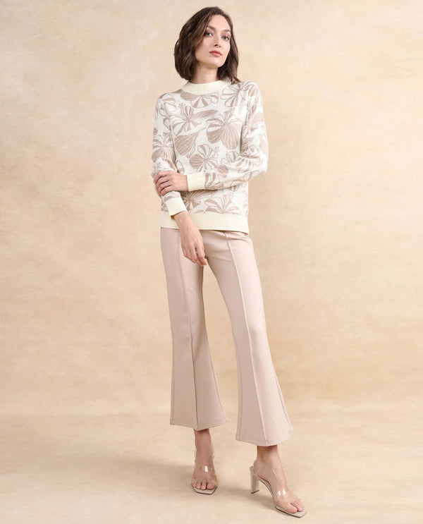 Rareism Women Lakent Beige Relaxed Fit Jacquard Sweater