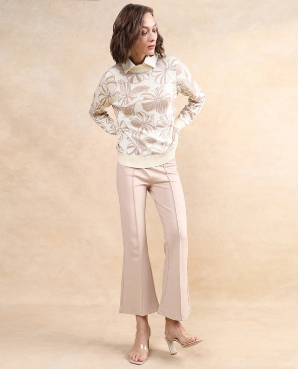 Rareism Women Lakent Beige Relaxed Fit Jacquard Sweater