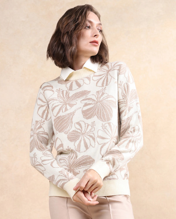 Rareism Women Lakent Beige Relaxed Fit Jacquard Sweater