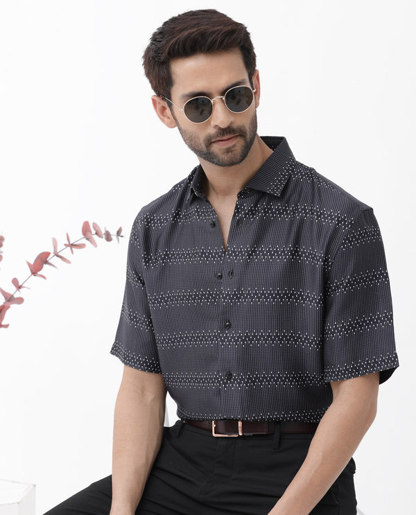 Rare Rabbit Men's Lamo Black Viscose Fabric Half Sleeves Boxy Fit Geometric Print Shirt