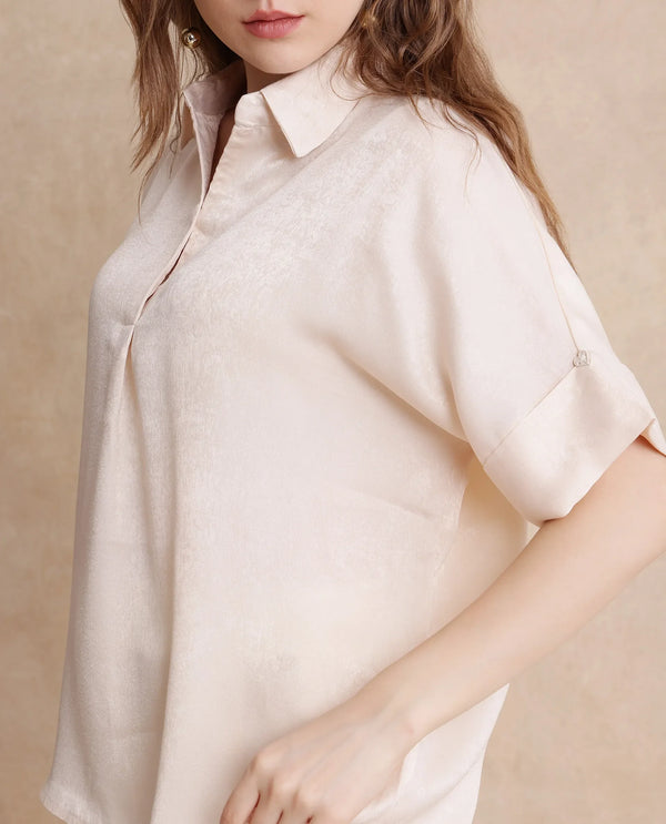 Rareism Women Lamona-T Beige Satin Extended Sleeves Collared Neck Boxy Fit Plain Top