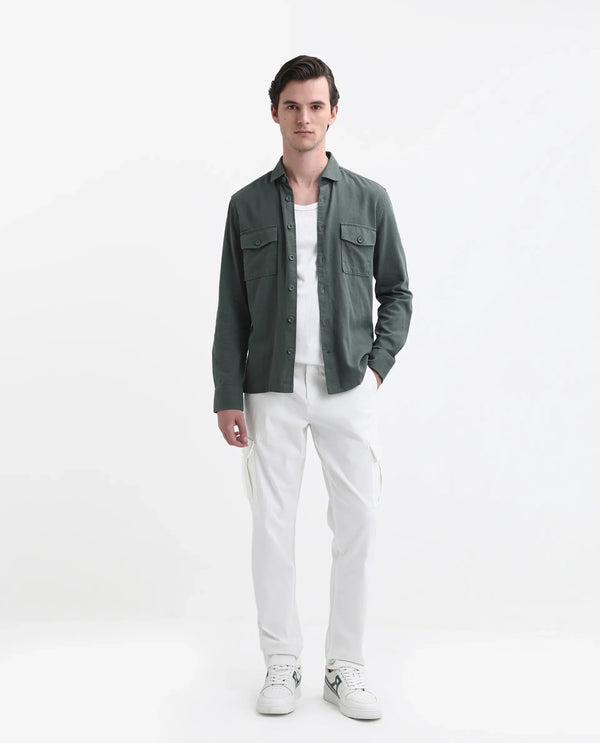 Rare Rabbit Men's Lang Dark Green Linen Full Sleeves Solid Shirt