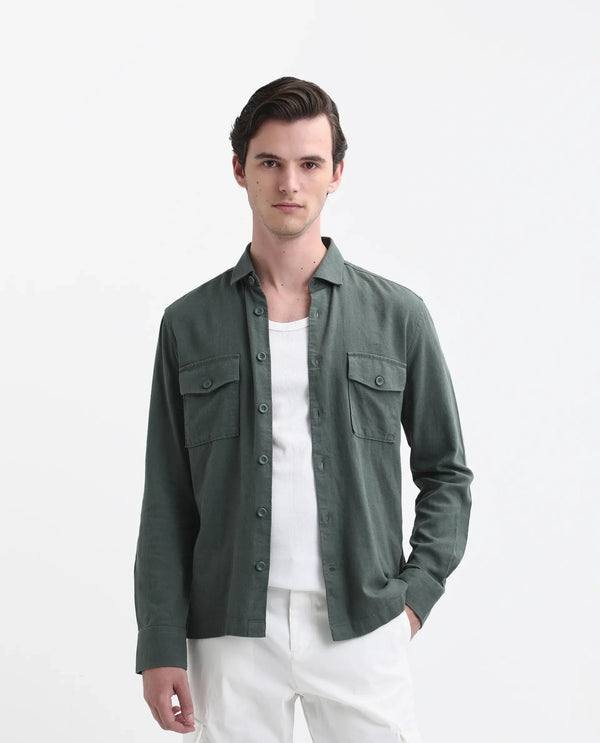 Rare Rabbit Men's Lang Dark Green Linen Full Sleeves Solid Shirt