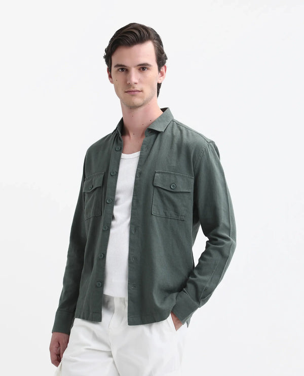 Rare Rabbit Men's Lang Dark Green Linen Full Sleeves Solid Shirt