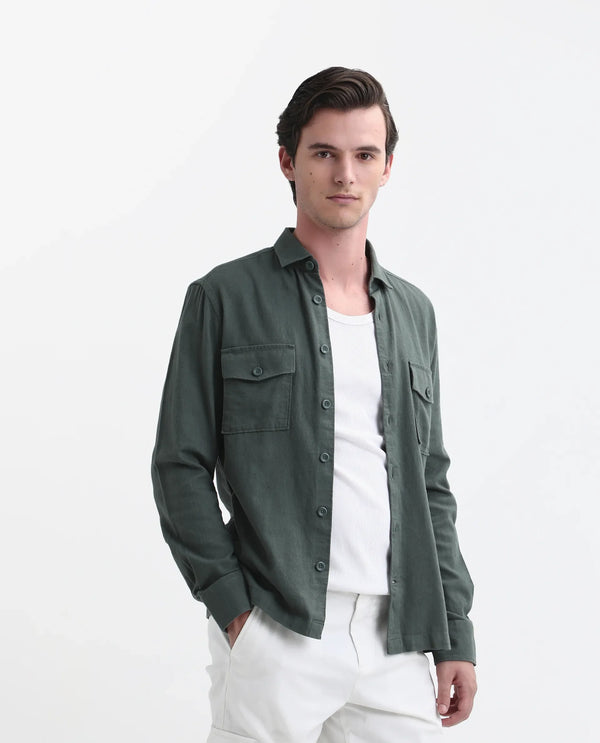 Rare Rabbit Men's Lang Dark Green Linen Full Sleeves Solid Shirt