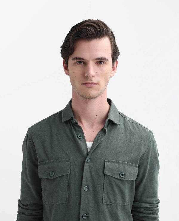 Rare Rabbit Men's Lang Dark Green Linen Full Sleeves Solid Shirt