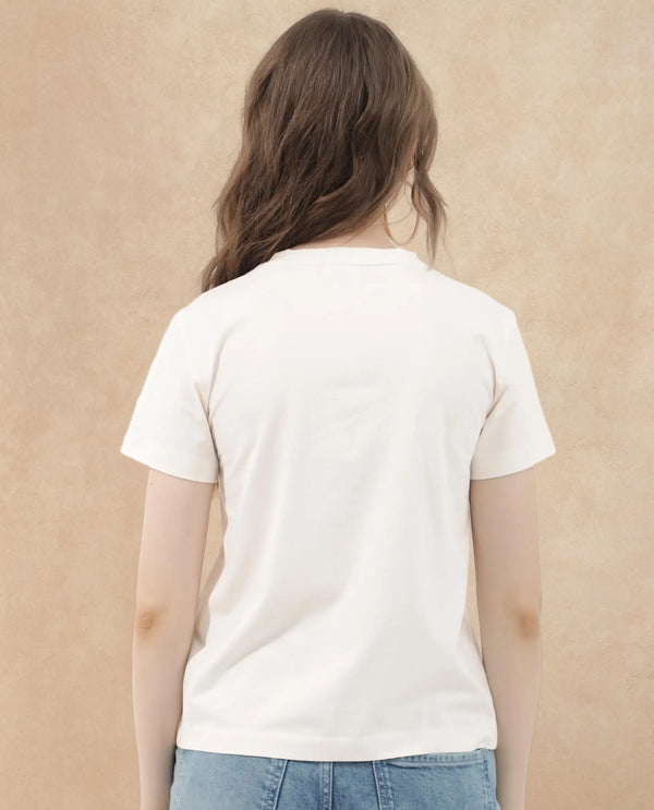 Rareism Women Lany Off White Cotton Elastane Fabric Crew Neck Knit Solid T-Shirt