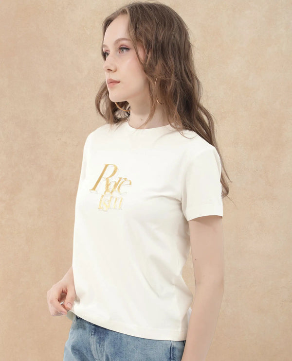 Rareism Women Lany Off White Cotton Elastane Fabric Crew Neck Knit Solid T-Shirt