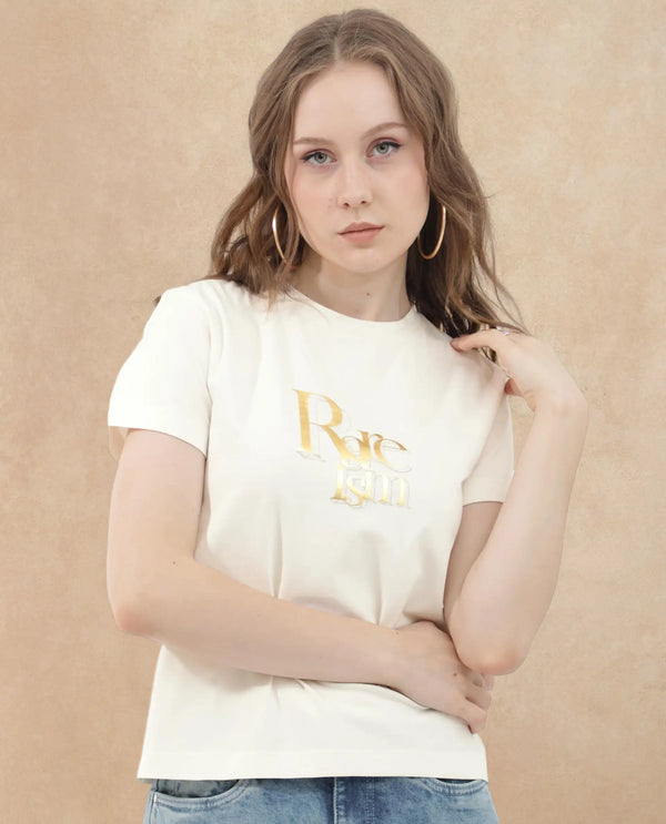 Rareism Women Lany Off White Cotton Elastane Fabric Crew Neck Knit Solid T-Shirt