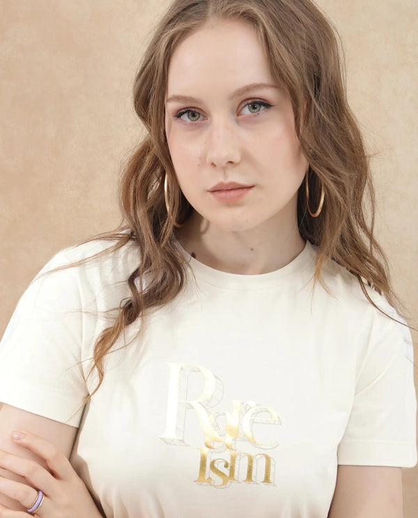 Rareism Women Lany Off White Cotton Elastane Fabric Crew Neck Knit Solid T-Shirt