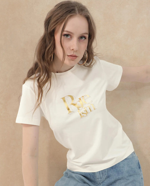 Rareism Women Lany Off White Cotton Elastane Fabric Crew Neck Knit Solid T-Shirt