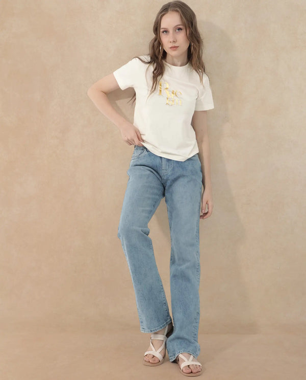 Rareism Women Lany Off White Cotton Elastane Fabric Crew Neck Knit Solid T-Shirt