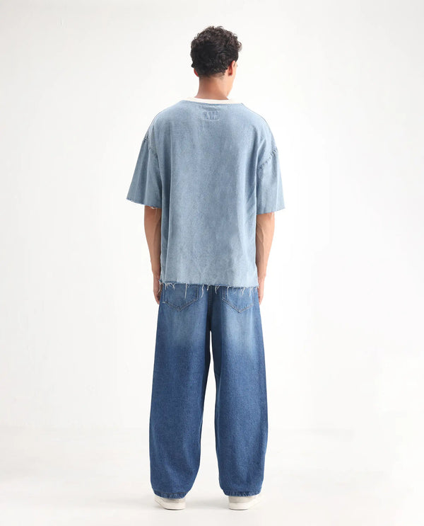 Rare Rabbit Men's Lar Blue Cotton Fabric Mid Wash Mid Rise Pleated Front Baggy Fit Jeans