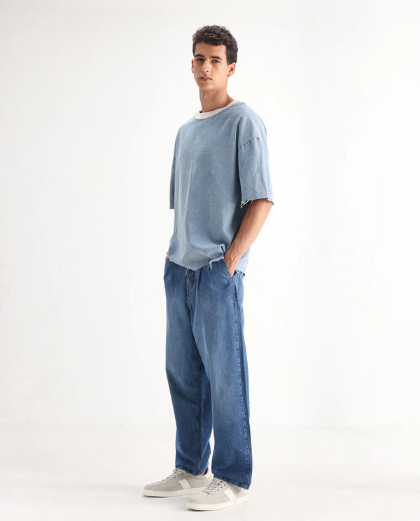 Rare Rabbit Men's Lar Blue Cotton Fabric Mid Wash Mid Rise Pleated Front Baggy Fit Jeans