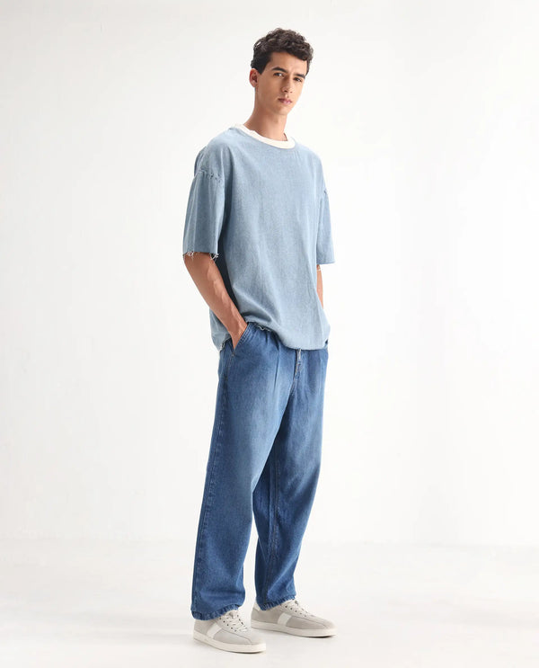 Rare Rabbit Men's Lar Blue Cotton Fabric Mid Wash Mid Rise Pleated Front Baggy Fit Jeans