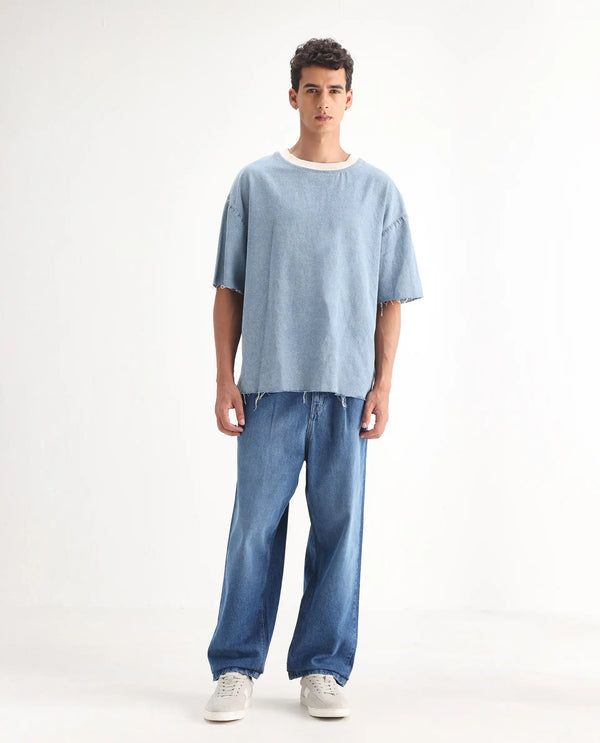 Rare Rabbit Men's Lar Blue Cotton Fabric Mid Wash Mid Rise Pleated Front Baggy Fit Jeans