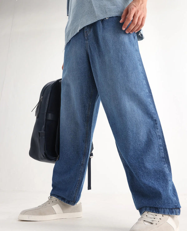 Rare Rabbit Men's Lar Blue Cotton Fabric Mid Wash Mid Rise Pleated Front Baggy Fit Jeans