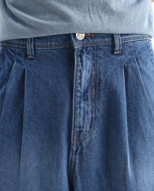 Rare Rabbit Men's Lar Blue Cotton Fabric Mid Wash Mid Rise Pleated Front Baggy Fit Jeans