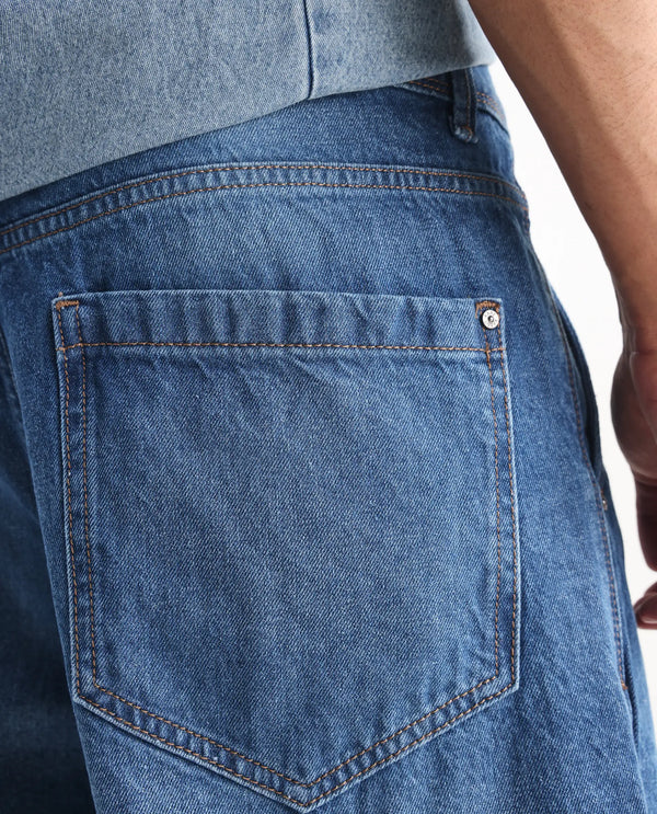 Rare Rabbit Men's Lar Blue Cotton Fabric Mid Wash Mid Rise Pleated Front Baggy Fit Jeans