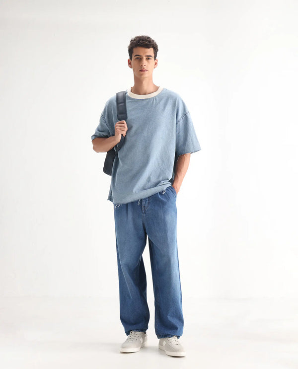 Rare Rabbit Men's Lar Blue Cotton Fabric Mid Wash Mid Rise Pleated Front Baggy Fit Jeans