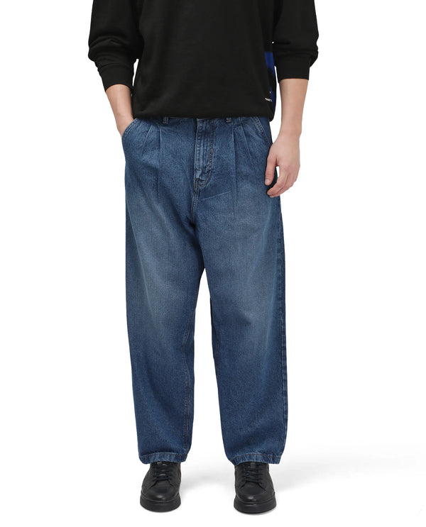 Rare Rabbit Men's Lar Blue Cotton Fabric Mid Wash Mid Rise Pleated Front Baggy Fit Jeans