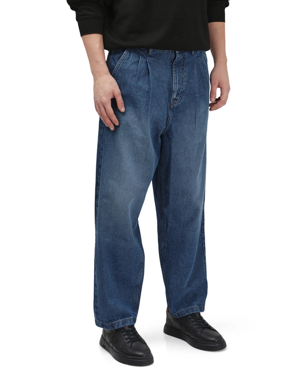 Rare Rabbit Men's Lar Blue Cotton Fabric Mid Wash Mid Rise Pleated Front Baggy Fit Jeans