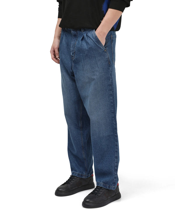 Rare Rabbit Men's Lar Blue Cotton Fabric Mid Wash Mid Rise Pleated Front Baggy Fit Jeans