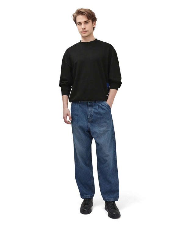 Rare Rabbit Men's Lar Blue Cotton Fabric Mid Wash Mid Rise Pleated Front Baggy Fit Jeans
