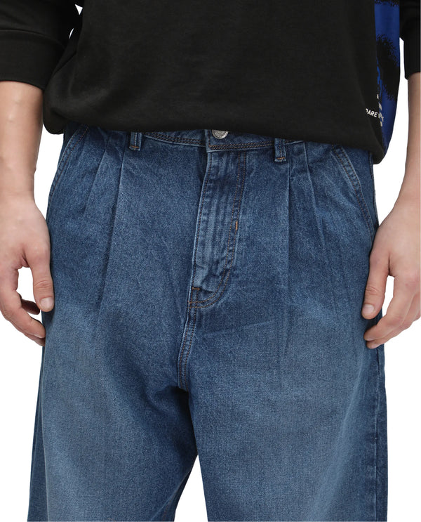 Rare Rabbit Men's Lar Blue Cotton Fabric Mid Wash Mid Rise Pleated Front Baggy Fit Jeans