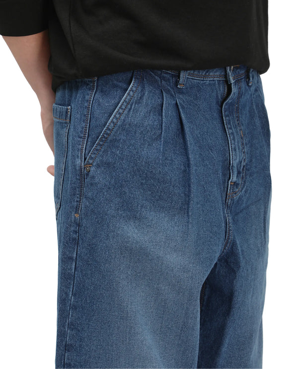 Rare Rabbit Men's Lar Blue Cotton Fabric Mid Wash Mid Rise Pleated Front Baggy Fit Jeans