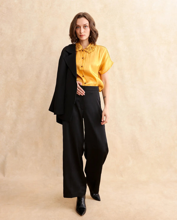 Rareism Women Larfa Yellow Short Sleeve Collared Neck Button Closure Boxy Fit Plain Shirt