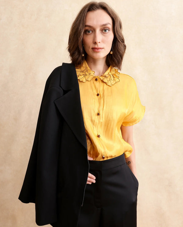 Rareism Women Larfa Yellow Short Sleeve Collared Neck Button Closure Boxy Fit Plain Shirt