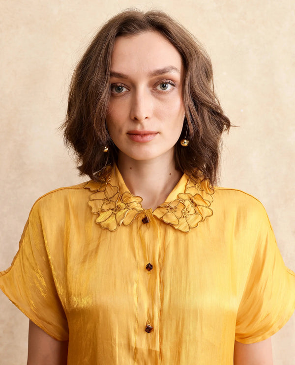 Rareism Women Larfa Yellow Short Sleeve Collared Neck Button Closure Boxy Fit Plain Shirt